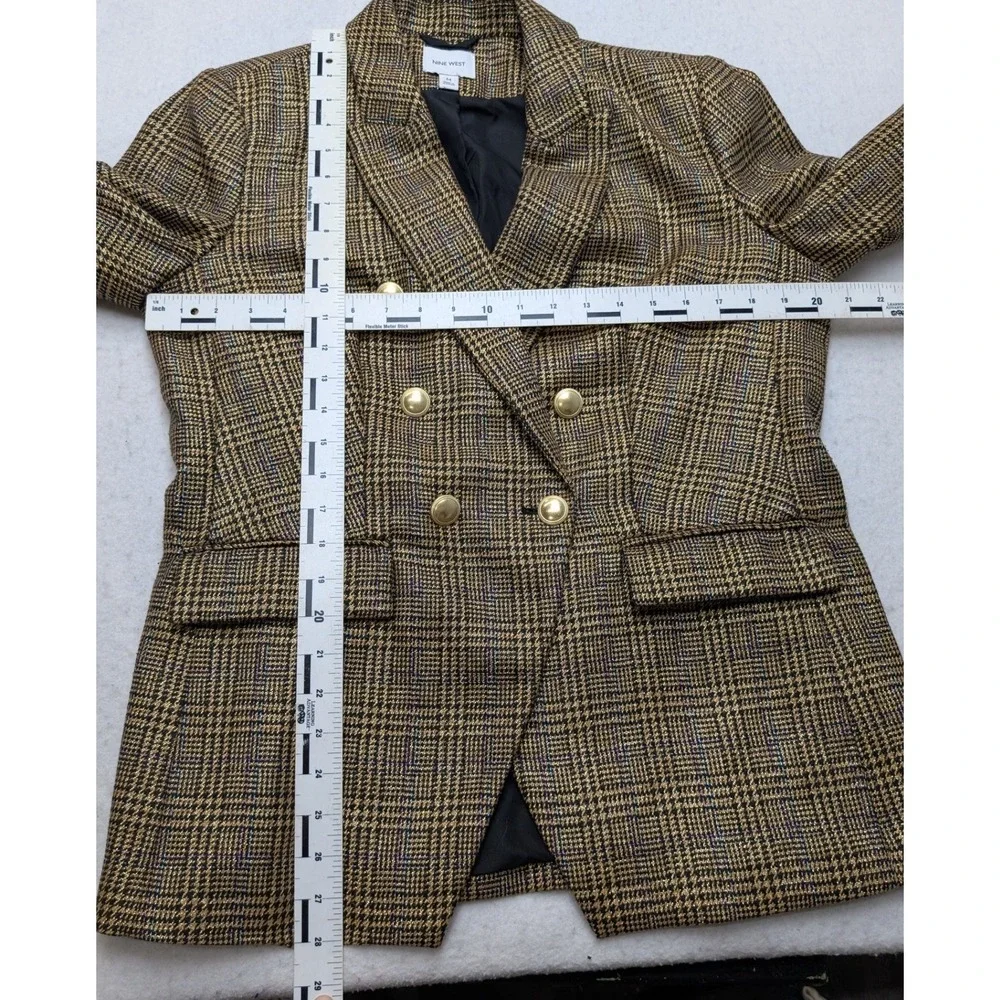 Nine West Blazer Womens Medium Brown Glen Plaid Double Breasted Metallic Gold